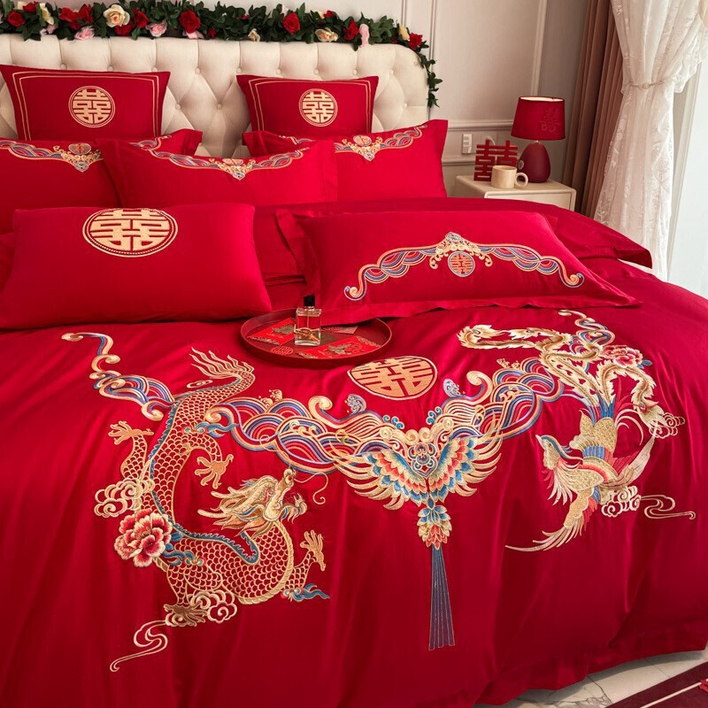 High-End Chinese Dragon and Phoenix Embroider Wedding Four-Piece Set Red Pure Cotton Quilt Cover High-End Festive Wedding Bedding