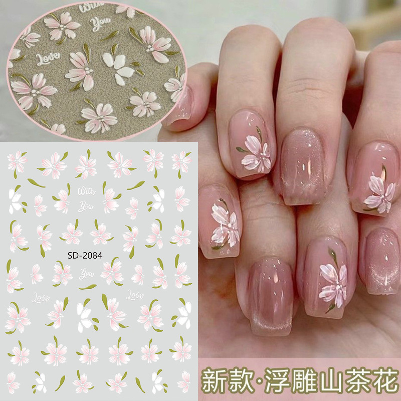 Xiaohongshu Hot Selling Embossed Nail Art Stickers Pink Sweet Pure Desire Camellia Nail Stickers Factory Wholesale Xiaohongshu Hot Selling Embossed Nail Art Stickers Pink Sweet Pure Desire Camellia Nail Stickers Factory Wholesale