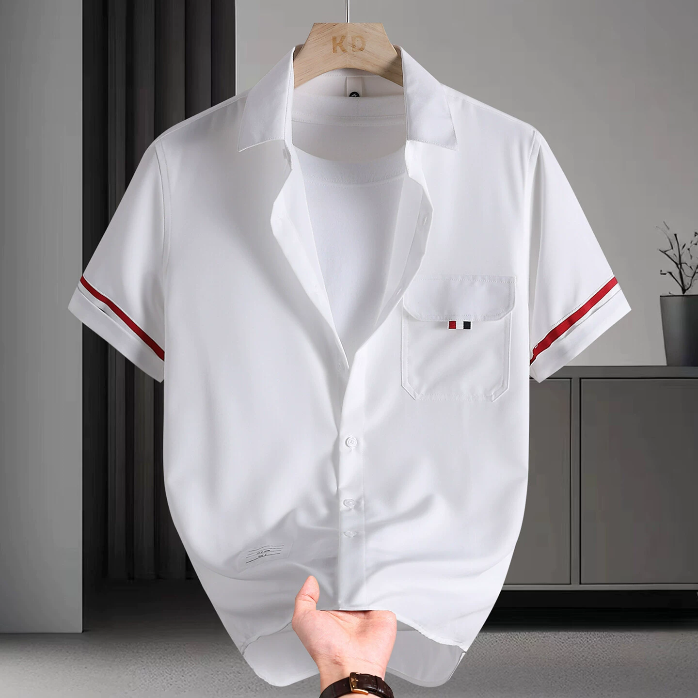 Персонализированная полосатая двухцветная рубашка, модная профессиональная черно-белая рубашка с короткими рукавами и микроэластичными манжетами, акриловая