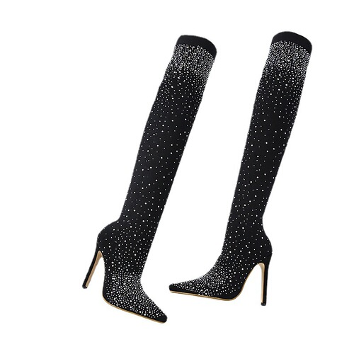 Women's Over-the-Knee Boots, Western Style Pointed Toe, Slim Heel, Diamond Decoration, Plus Size, Elastic Socks Boots
