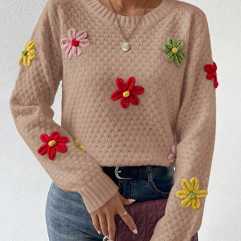 Casual Long Sleeve Drop Shoulder Floral Design Crew Neck跨境|undefined