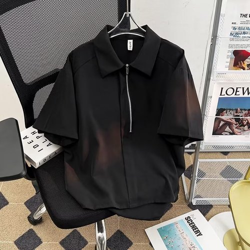 Summer Ice Silk Men's Short Sleeve Streetwear Hooded Half-Zip Shirt 2024 New Summer 5-Button POLO Shirt