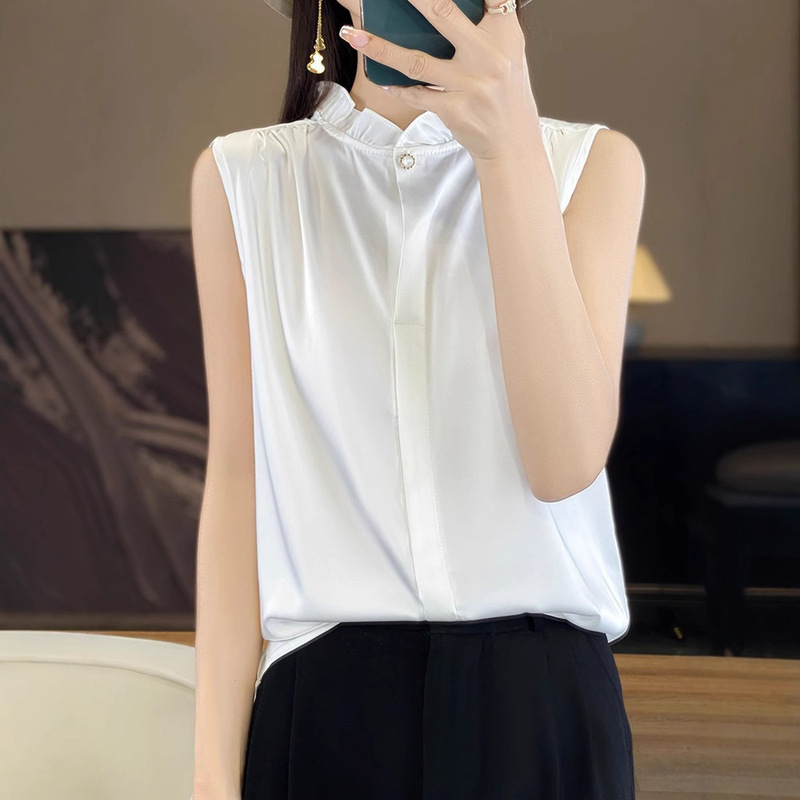 Spring and Summer Trendy Satin Versatile Ruffle Collar Sleeveless Shirt for Women Slimming Professional Suit Inner Base Top Wholesale