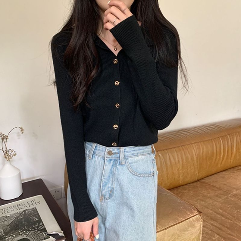 复古POLO领修身单排扣针织开衫女2025春秋季长袖气质打底显瘦外穿|undefined