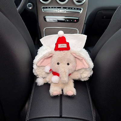 Holder, Multifunctional Tissue Box for – Car tissue box/set - l-red-hat-red-scarf-gray-elephant-armrest-box-fuzzy-tissue-bag