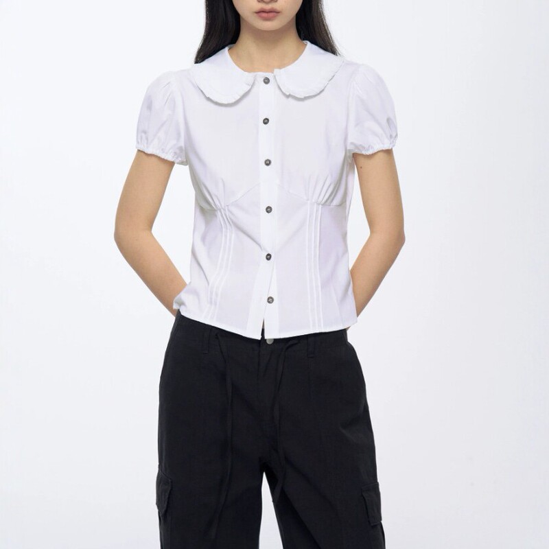 Archivun Lace Ruffle Doll Collar Shirt with Shell Buttons, Slim Fit Design, Short Sleeve T-Shirt for Summer Archivun Lace Ruffle Doll Collar Shirt with Shell Buttons, Slim Fit Design, Short Sleeve T-Shirt for Summer