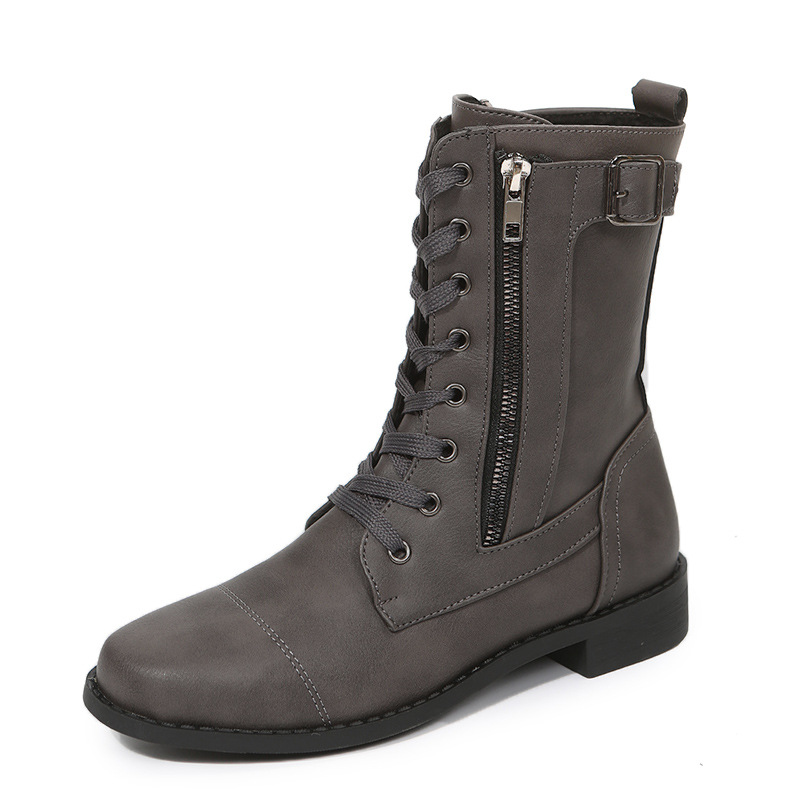 Chaussures pour femmes nouvelles bottes Martin à bout rond et à talon bas avec fermeture éclair sur le côté pour femmes, bottes en cuir rétro à talon carré et tube moyen de grande taille_voghion.com