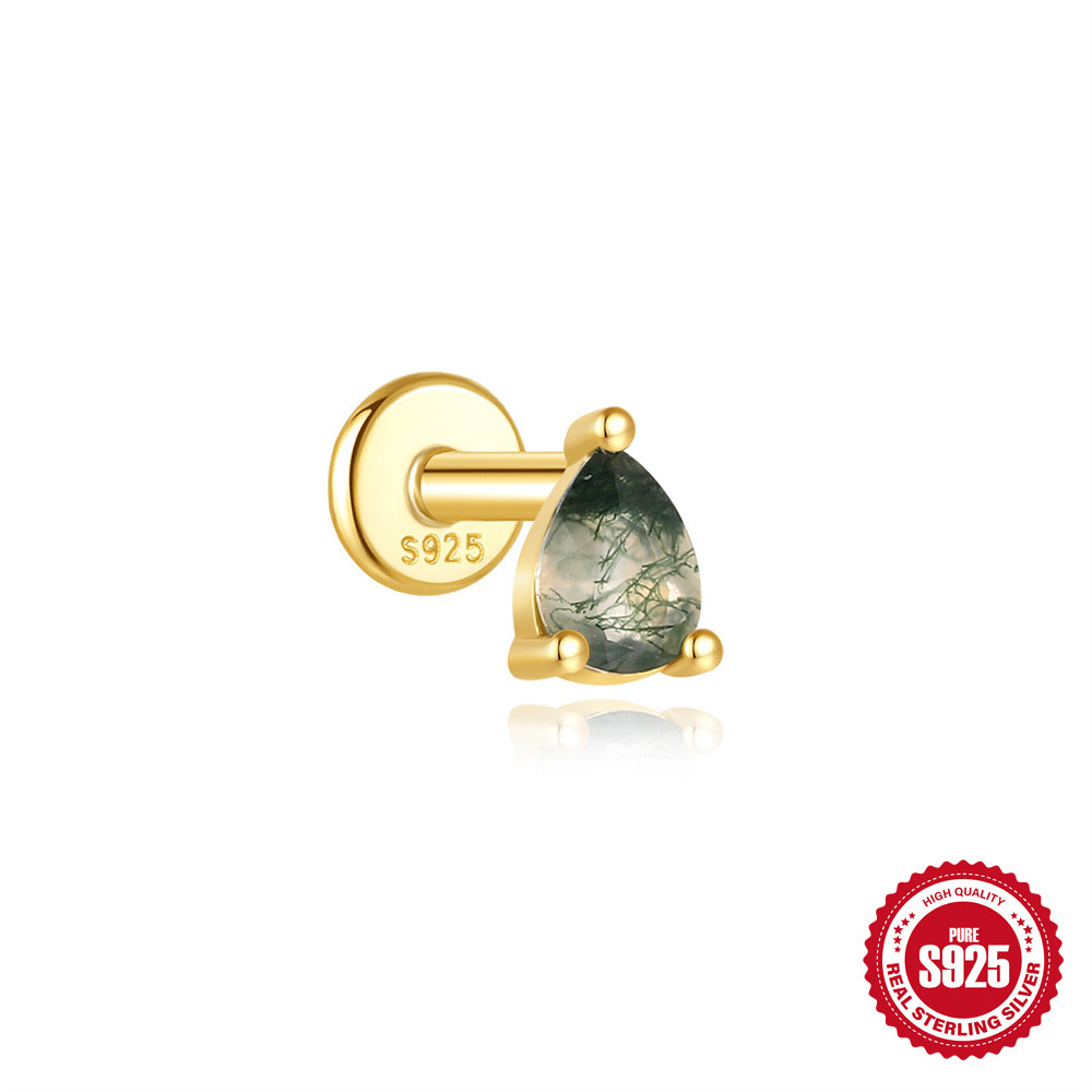 El nuevo s925 simple y moderno hierba de agua natural, uñas de hueso de oreja de ágata, personalidad de lujo ligera europea y americana, pendientes de piedra de musgo verde con incrustaciones