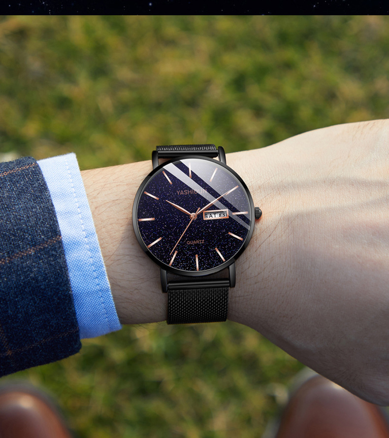 Men's quartz watch, waterproof, dual calendar, starry sky design