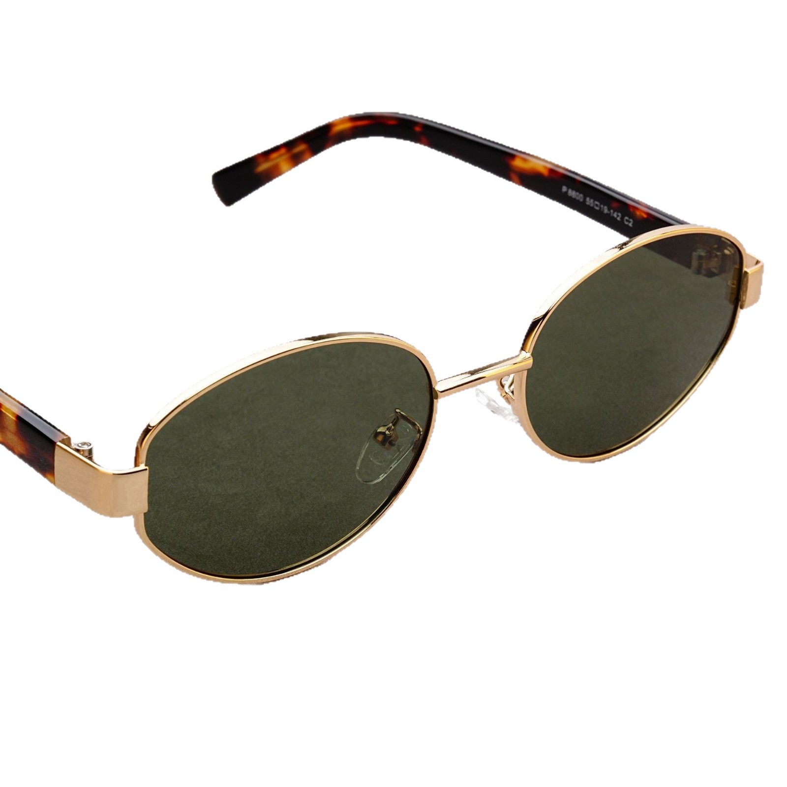 Vintage-Sonnenbrille im Retro-Stil mit strukturierter Oberfläche, dicken, ovalen, polarisierten Gläsern und UV-Schutz durch Acetat-Einsätze an den Bügeln._voghion.com