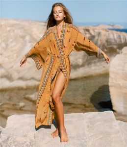 product - wholesale Rayon Positioning Printed Sexy Cardigan with Belt Beach Cover-up Vacation Skirt Beach Cover Up - 6