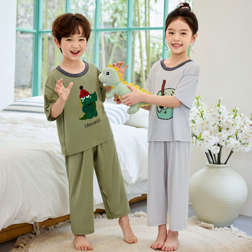 Boys pajamas 2025 new summer thin girls short-sleeved trousers children's girls home clothes big children's air conditioning clothes