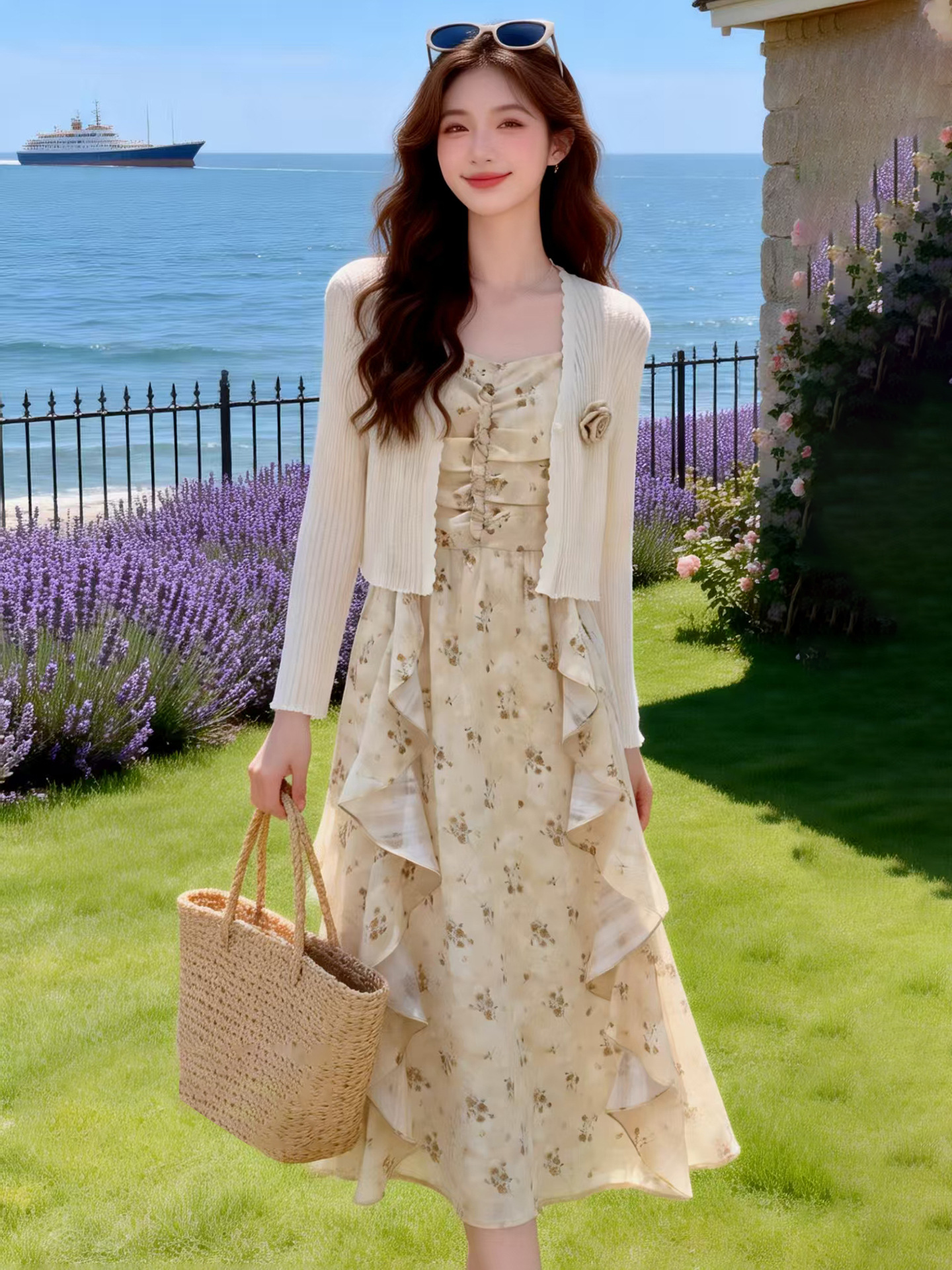 Bộ đầm hai mảnh gồm áo khoác cardigan và đầm maxi hoa nhí thắt eo BL2608 — xanh lam, màu be