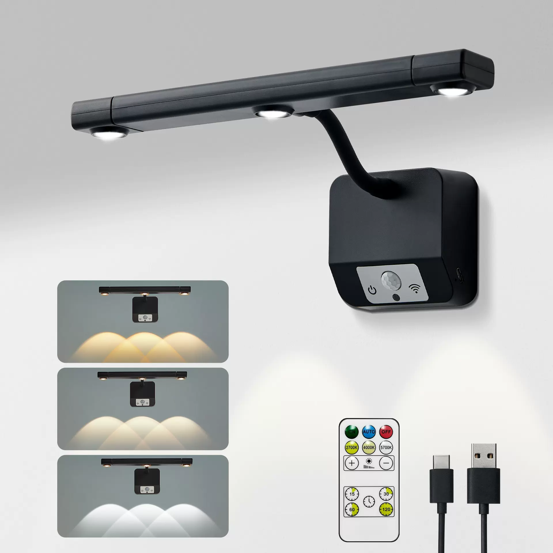 智能人体感应壁灯360°旋转充电壁灯室内床头书灯遥控感应壁灯