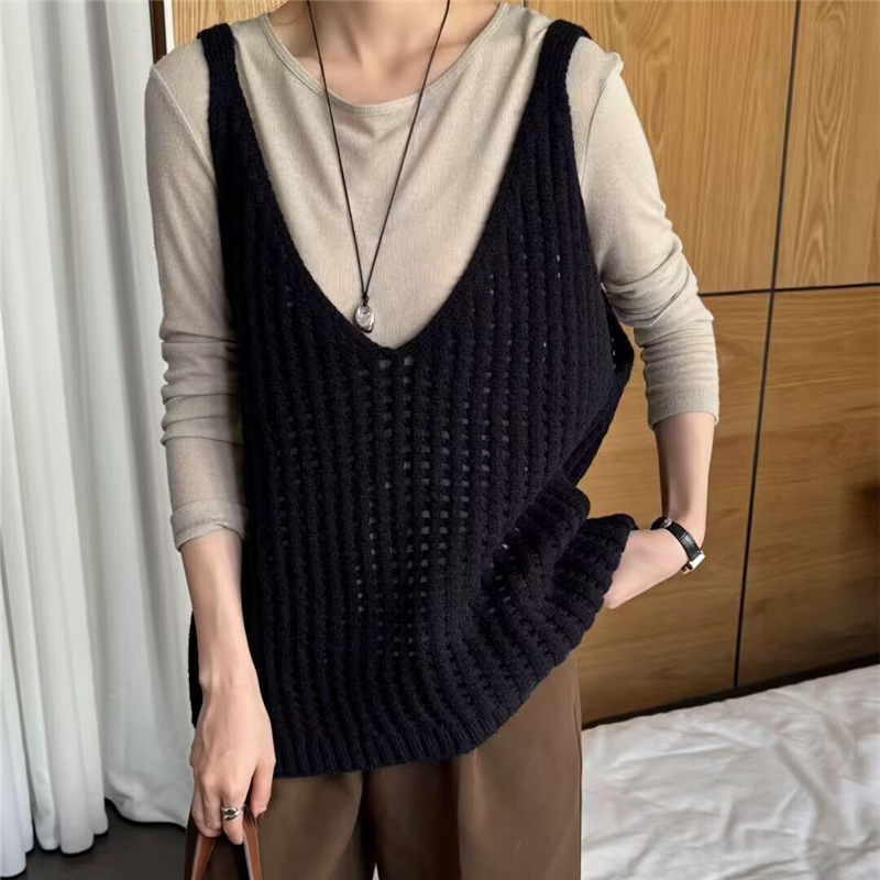 韩版气质休闲纯色针织镂空吊带背心女2025年秋季新款百搭叠穿上衣|undefined