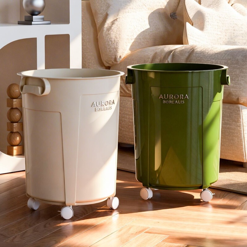 Special kitchen trash can for home use in living room and dining room, stylish, no need to bend over, round shape, large capacity, with wheels, movable