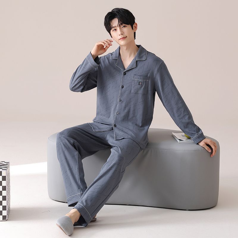Pijama de algodón adolescente para hombres primavera y otoño Cardigan simple de manga larga relajado más ropa de hogar grande