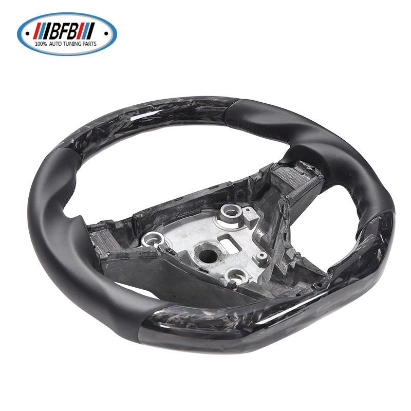 100% Real Carbon Fiber Steering Wheel Modification - For Tesla Model 3/Y - Black No-Hole Leather Black Stitching Marble Forged Pattern