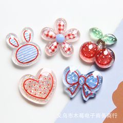 小号高透闪粉线条格纹红蓝系树脂小贴片 格纹小花 飘带领结 配件