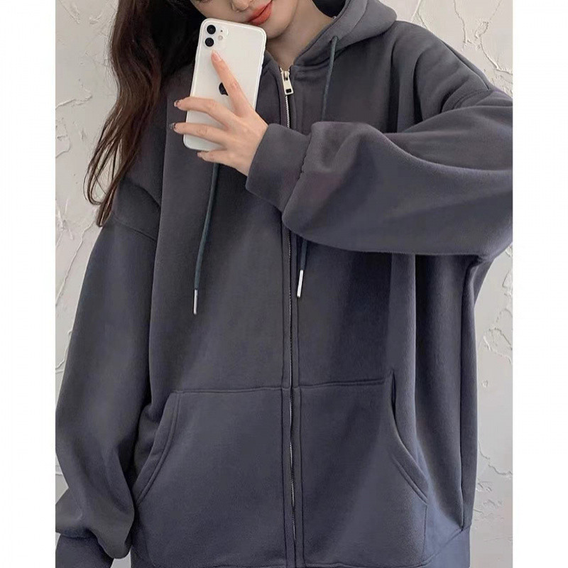 超显白纯色连帽卫衣女秋冬季加绒加厚宽松慵懒ins风拉链开衫外穿|undefined