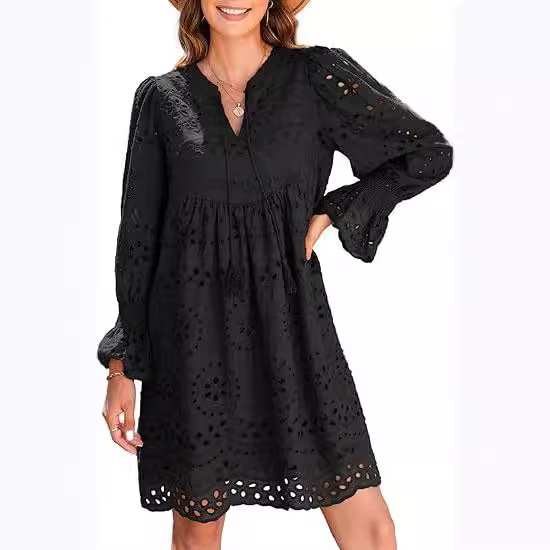 ChicShe Damenkleid 2024, lässig, mit Quasten, V-Ausschnitt, langen Ärmeln, A-Linie, Lochspitze, plissiertem Partykleid_voghion.com