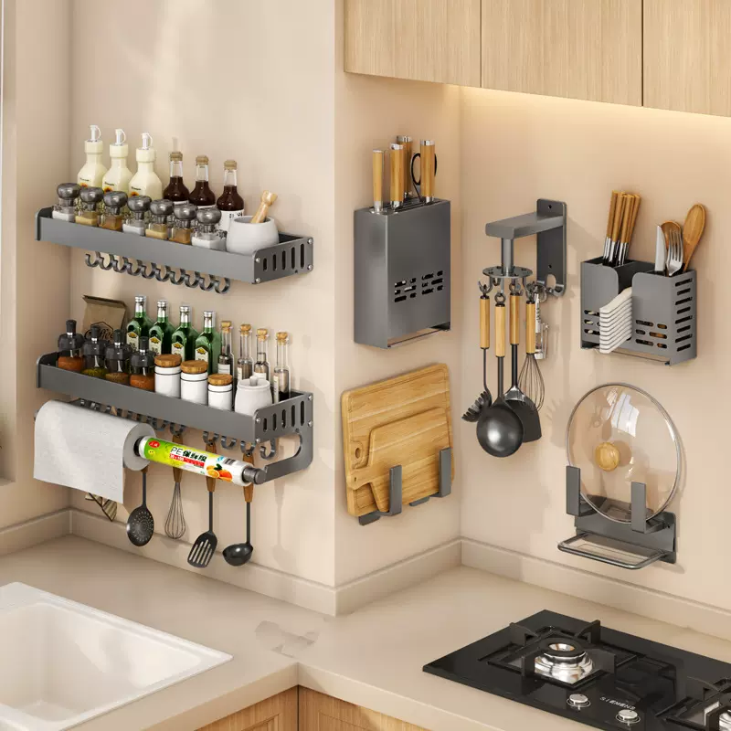 枪灰厨房置物架免打孔壁挂调料架刀架调味品多功能家用大全收纳架