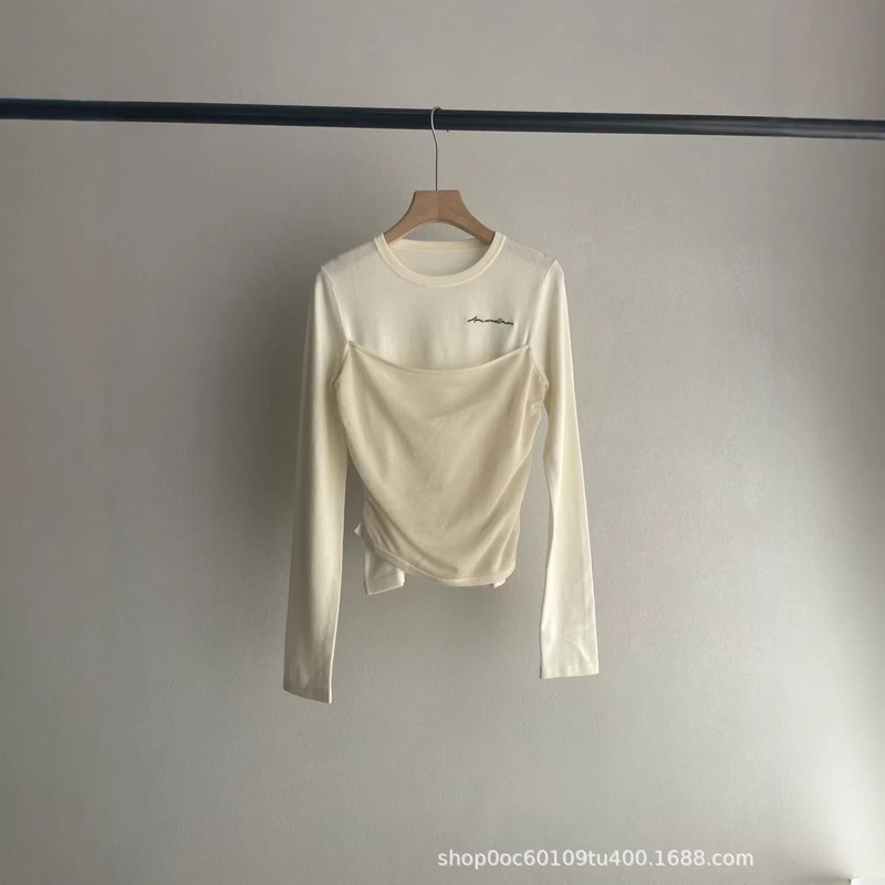 Designer Style Faux Two-Piece Long-Sleeve T-Shirt, Slim-Fit and Flattering, Color-Blocked, Suitable for Outerwear or as a Base Layer for Women