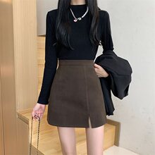 小开叉黑色毛呢短裙女秋冬2025新款高腰A字半身裙百搭包臀裙冬季