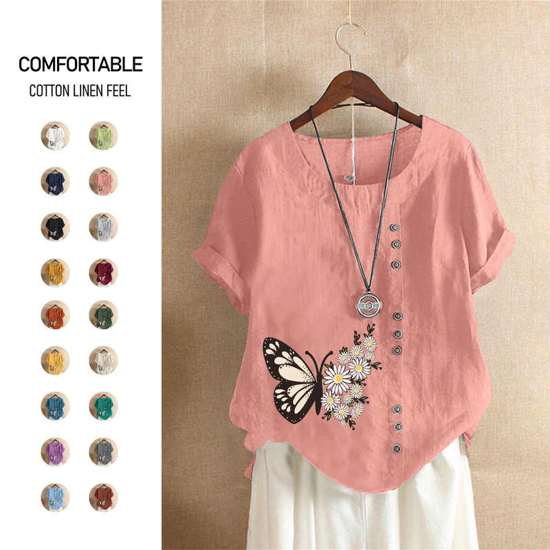 Summer Vintage plus size Casual Loose Cotton and Linen Short-sleeved Pullover T-shirt Cotton and Linen Women's plus size Women's Butterfly Summer Vintage plus size Casual Loose Cotton and Linen Short-sleeved Pullover T-shirt Cotton and Linen Women's plus size Women's Butterfly