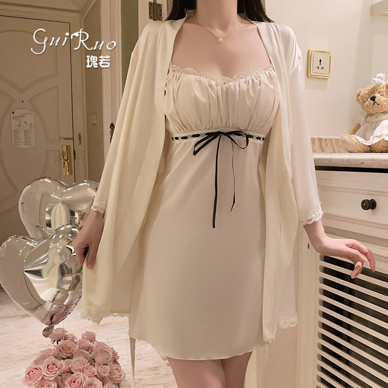 Guiruo Women's Brand Pajamas Simple Temptation Satin Push-up Chest Pad Sexy Nightgown suit W4840