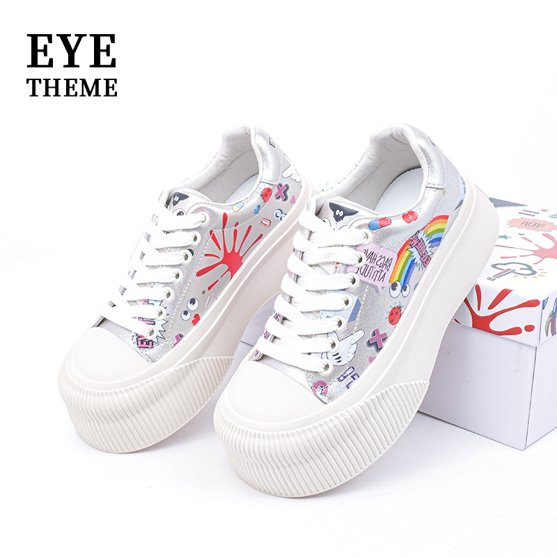 Marca de moda graffiti cordones de zapatos para chicas calles zapatos de martillo de altura de cuero para mujeres zapatos casuales blancos A162 #