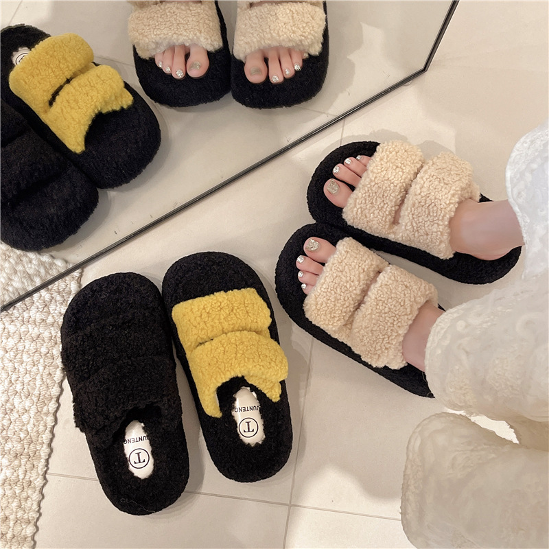 厚底毛毛拖鞋女外穿一字加绒保暖增高秋冬季2025新款水貂毛棉拖鞋|undefined