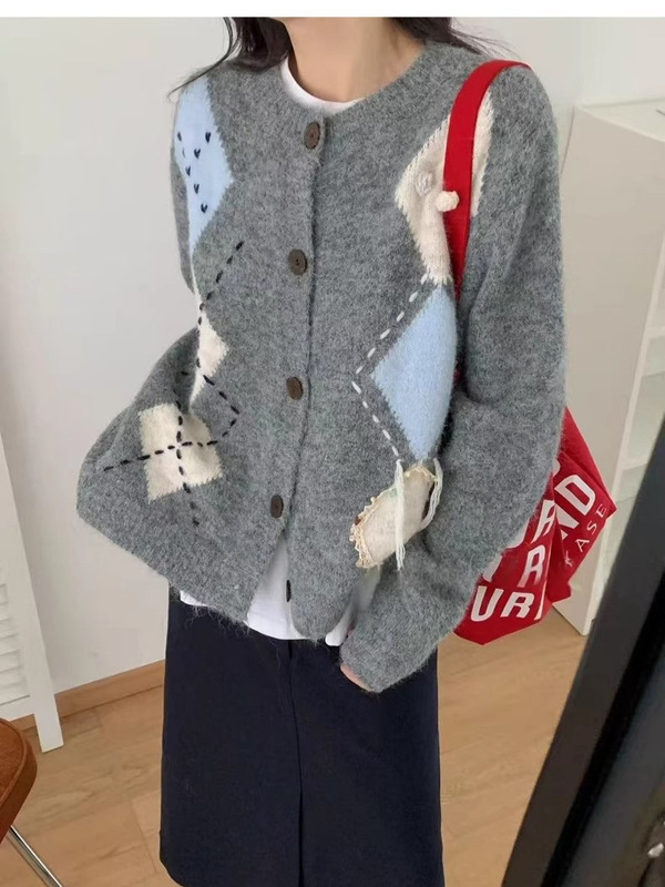 氛围感穿搭复古菱格圆领毛衣外套女秋冬宽松软糯慵懒针织开衫上衣|undefined