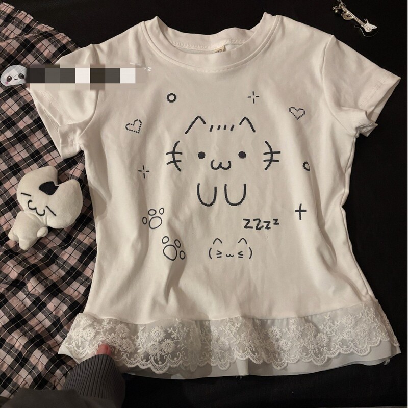 Japanese-Style Cute Cat Lace Layered Short-Sleeve 2025 Summer Slim Versatile Top Japanese-Style Cute Cat Lace Layered Short-Sleeve 2025 Summer Slim Versatile Top