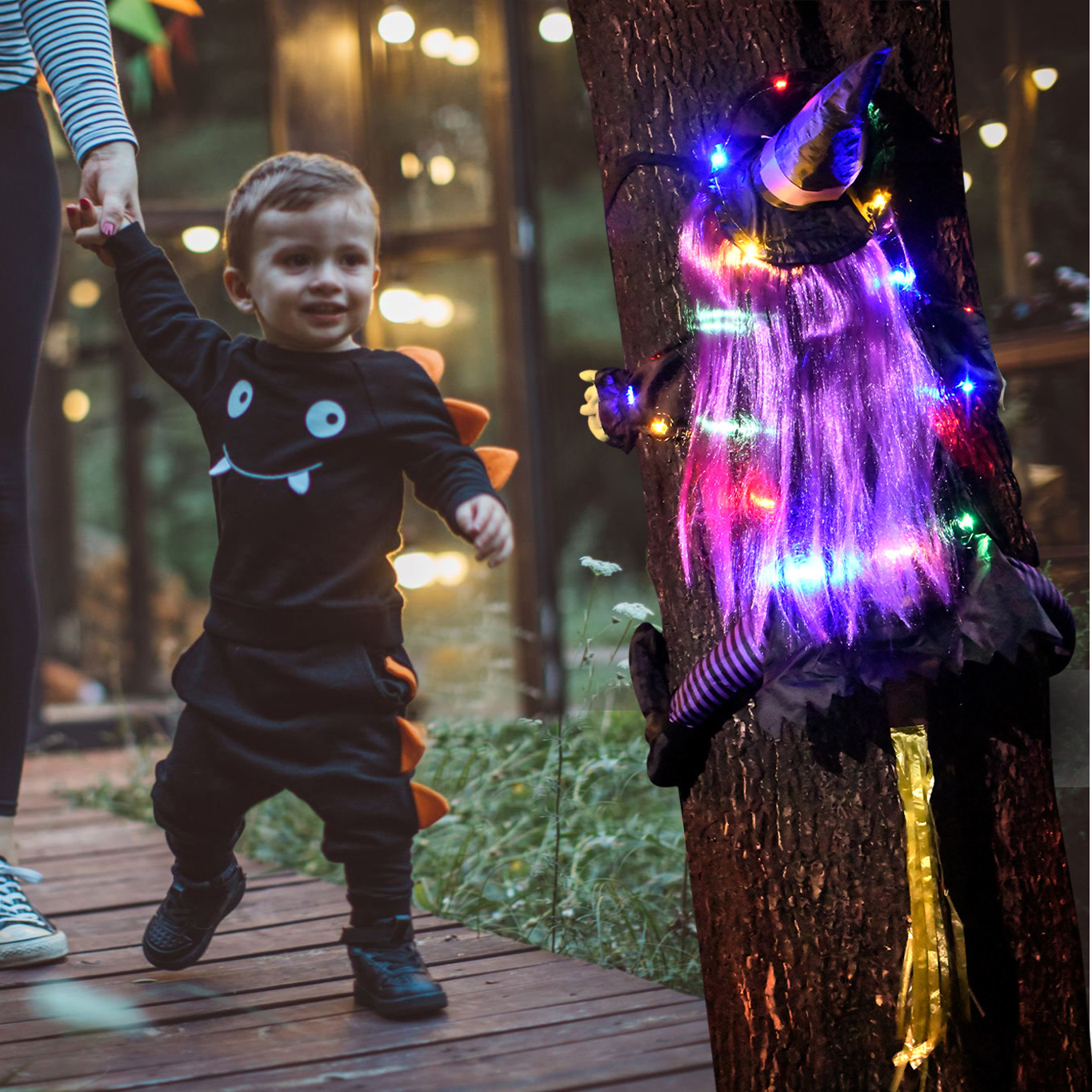 Halloween Tree Climbing Witch LED Luminous Halloween Tree Holding Witch Decoración de patio de Halloween Witch Luminous