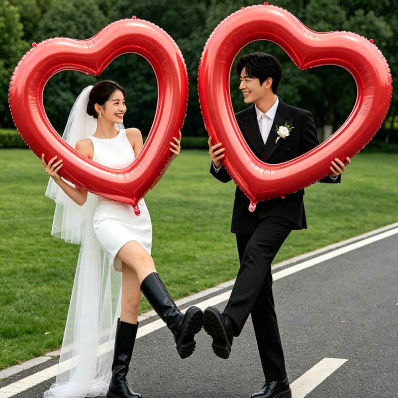 Wedding and Engagement Registration Photo Props Red Heart-Shaped Balloons Handheld Posing Balloons Outdoor Scene Decoration