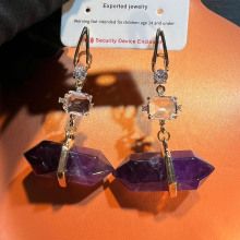 原石耳环紫水晶欧美简约风原创铜镶锆时尚个性气质创意天然石耳饰
