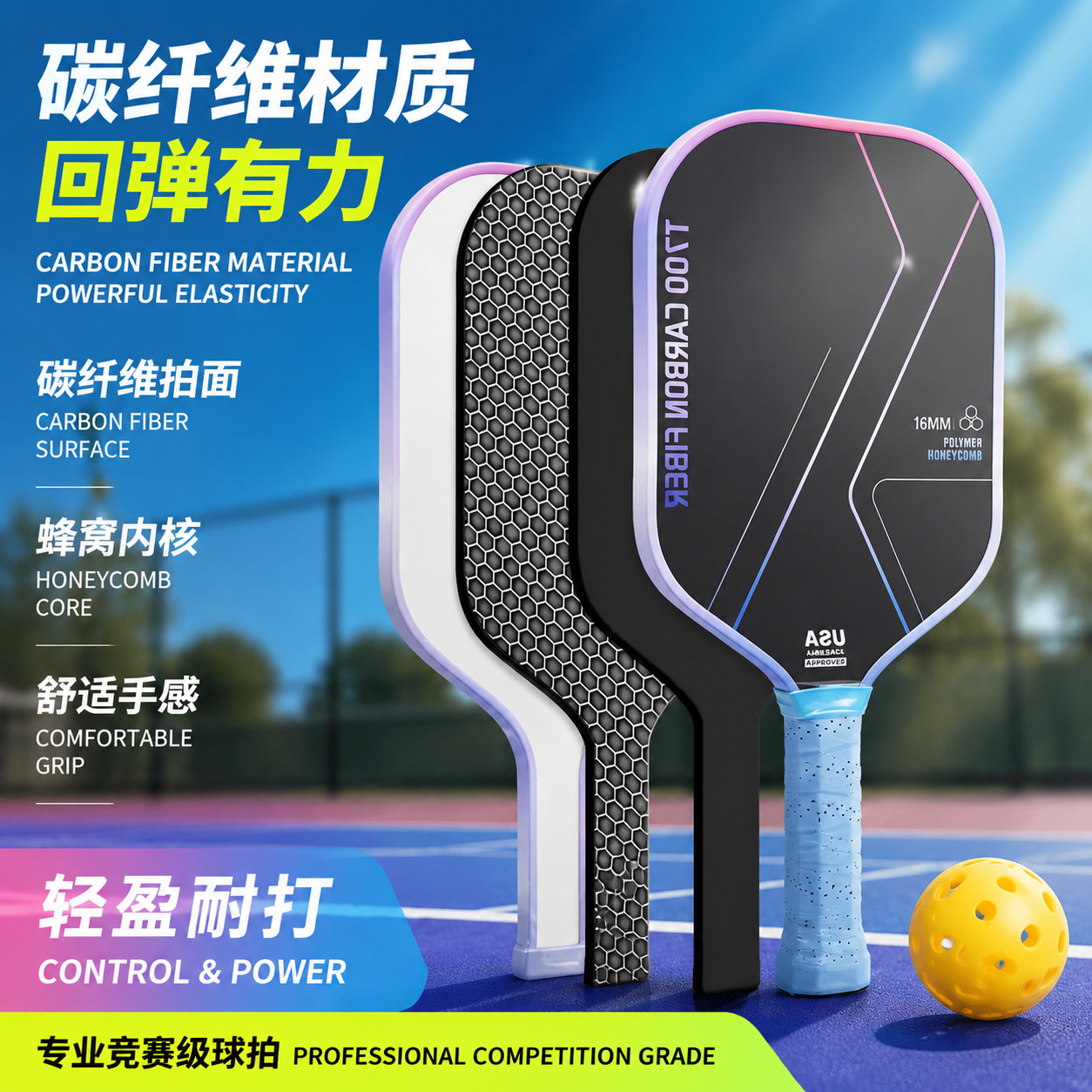 Carbon fiber pickleball racket, professional-grade T700 textured matte surface, ultra-lightweight pickleball racket for adult competition