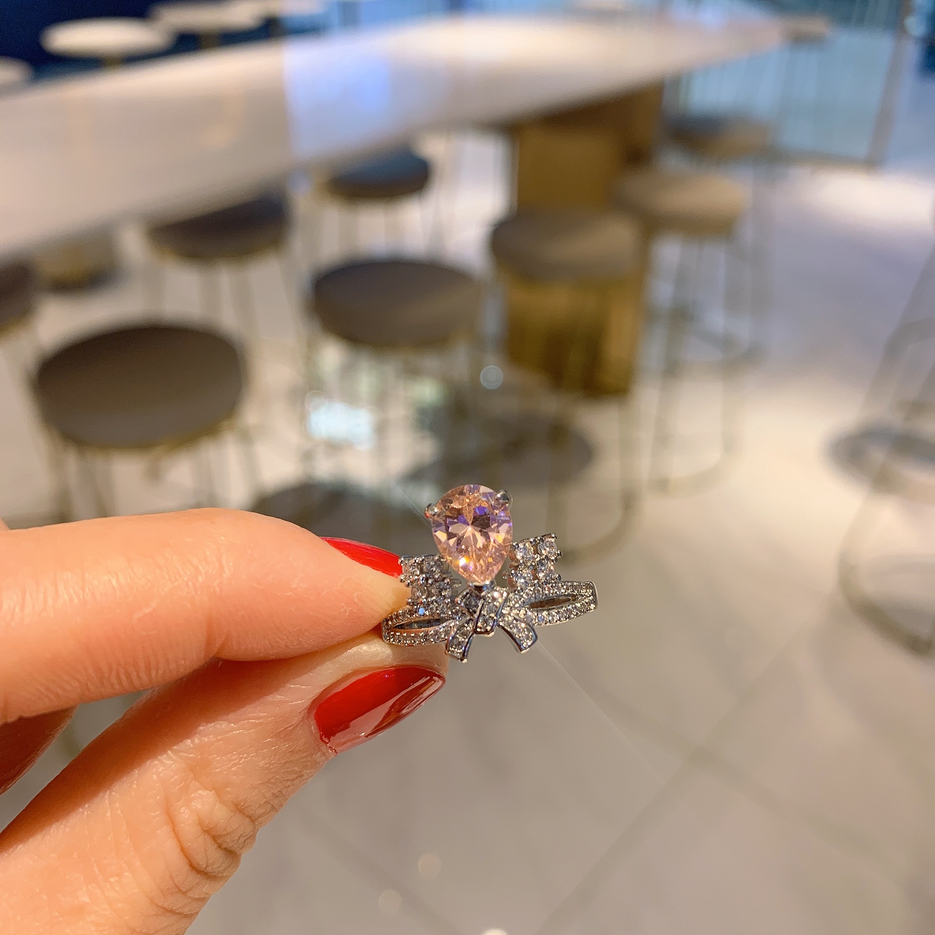 Retro Water Droplets Bow Knot Copper Gold Plated Rhinestone Rings 1 Piece