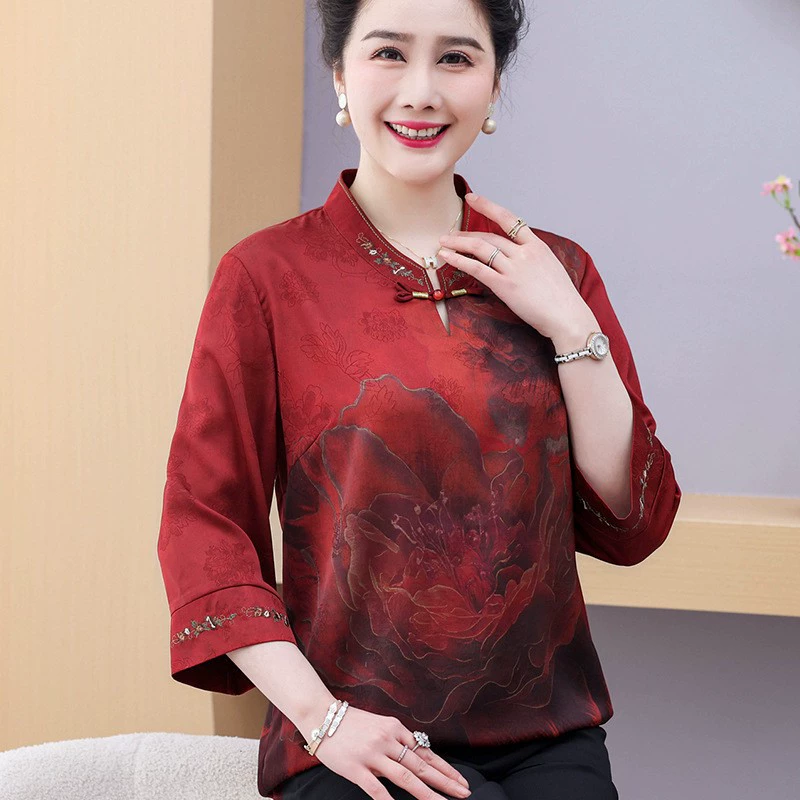 Средний и пожилой женский чонсам воротник новый топ большого размера мама весна и лето ароматная облачная пряжа рубашка старушка нижняя рубашка