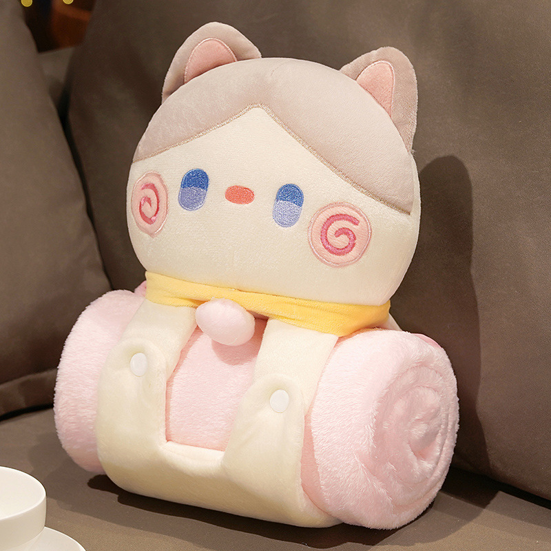 라이트 베이지 포옹 고양이 20*26*14cm 롤 담요 80*10
