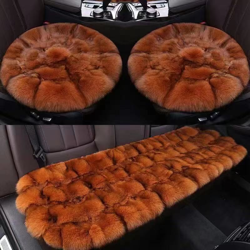 Fox fur car seat cushions, a luxurious and warm winter set, featuring high-quality faux fur and genuine fox fur, with a round design and a set of three pieces