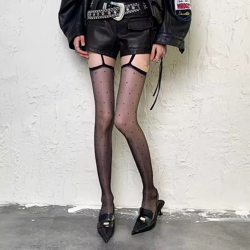 颜女郎波点黑丝袜吊带过膝袜女防勾丝耐穿超薄款黑丝0D高透不钩丝|undefined