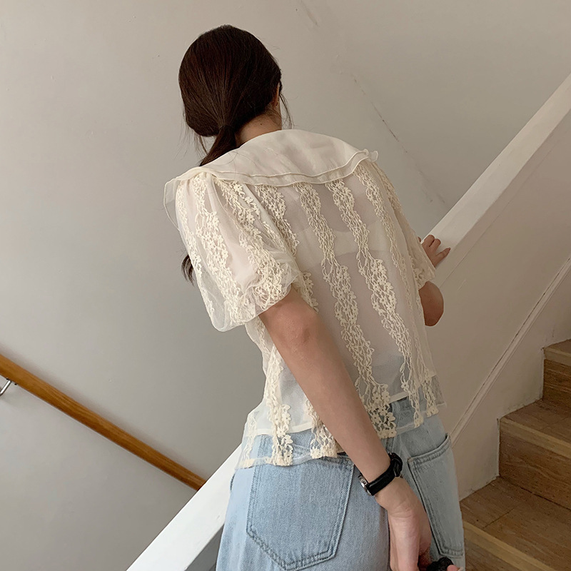Foreign Trade Women's Clothing Real Shot 2026 Summer New Korean Style Versatile Embroidered Lace Lantern Sleeve Doll Collar Short-Sleeve Shirt