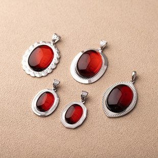 925 Silver Inlaid Natural Amber Fidelity Blood Pendant Egg Denier Pendant Simple Woolen Chain Necklace Red Pendant