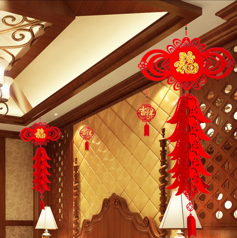 新年植绒布立体福字挂件灯笼辣椒鞭炮福袋鱼连串春节场景装饰用品