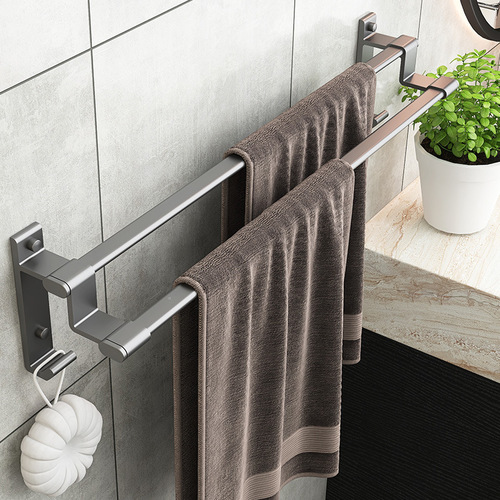 Gun gray punch-free space aluminum towel rack towel bar single rod bathroom towel hanging rod bathroom double rod storage rack