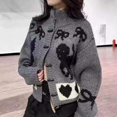 秋冬新款韩版休闲慵懒风狗狗猫咪图案立领设计感针织开衫毛衣外套