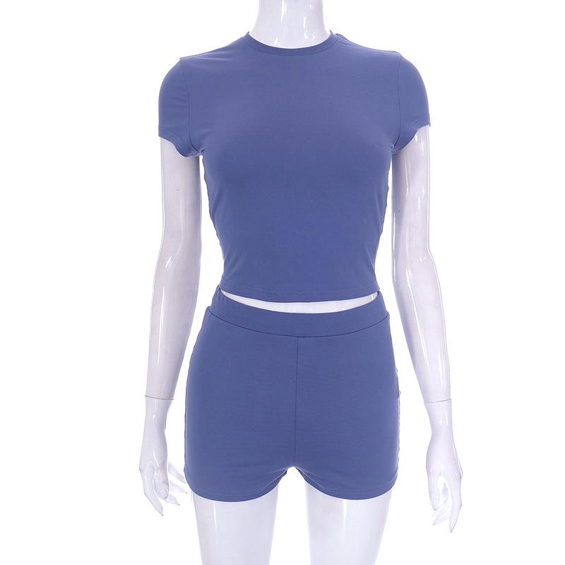 Women Clothing Spring Summer Solid Color Short Sleeve Casual Shorts Set