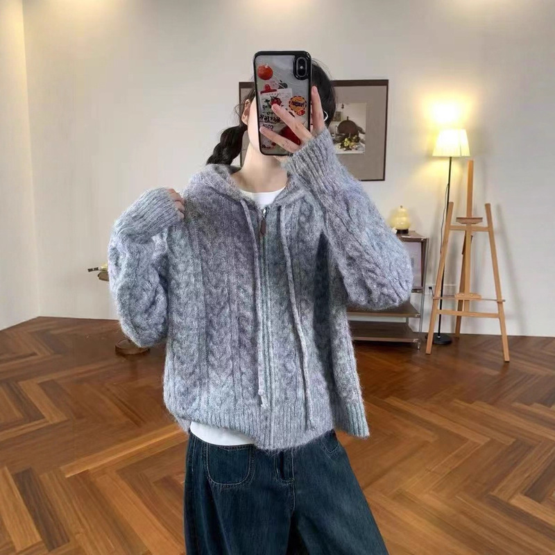 Lazy Style Hooded Double Zipper Sweater Jacket for Women Autumn and Winter New Long Camel Hair Loose Twist Versatile Knitted Cardigan